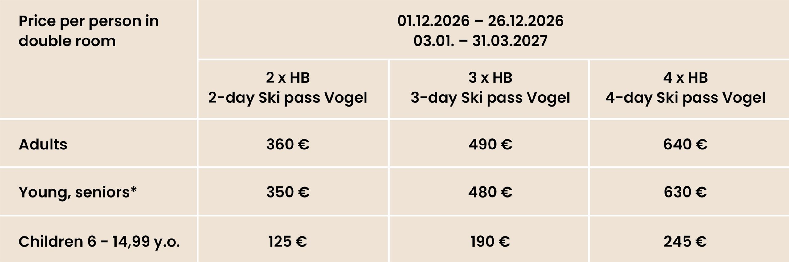hotel bohinj A price table showing costs for ski packages including half board and ski passes for dates between December 2026 and March 2027, categorized by age group and duration.
