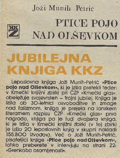 hotel bohinj Časopisni izrezek v slovenščini z naslovom PTICE POJO NAD OLŠEVKOM in krepkim podnaslovom JUBILEJNA KNJIGA KKZ, ki govori o izidu nove knjige in njenem pomenu.